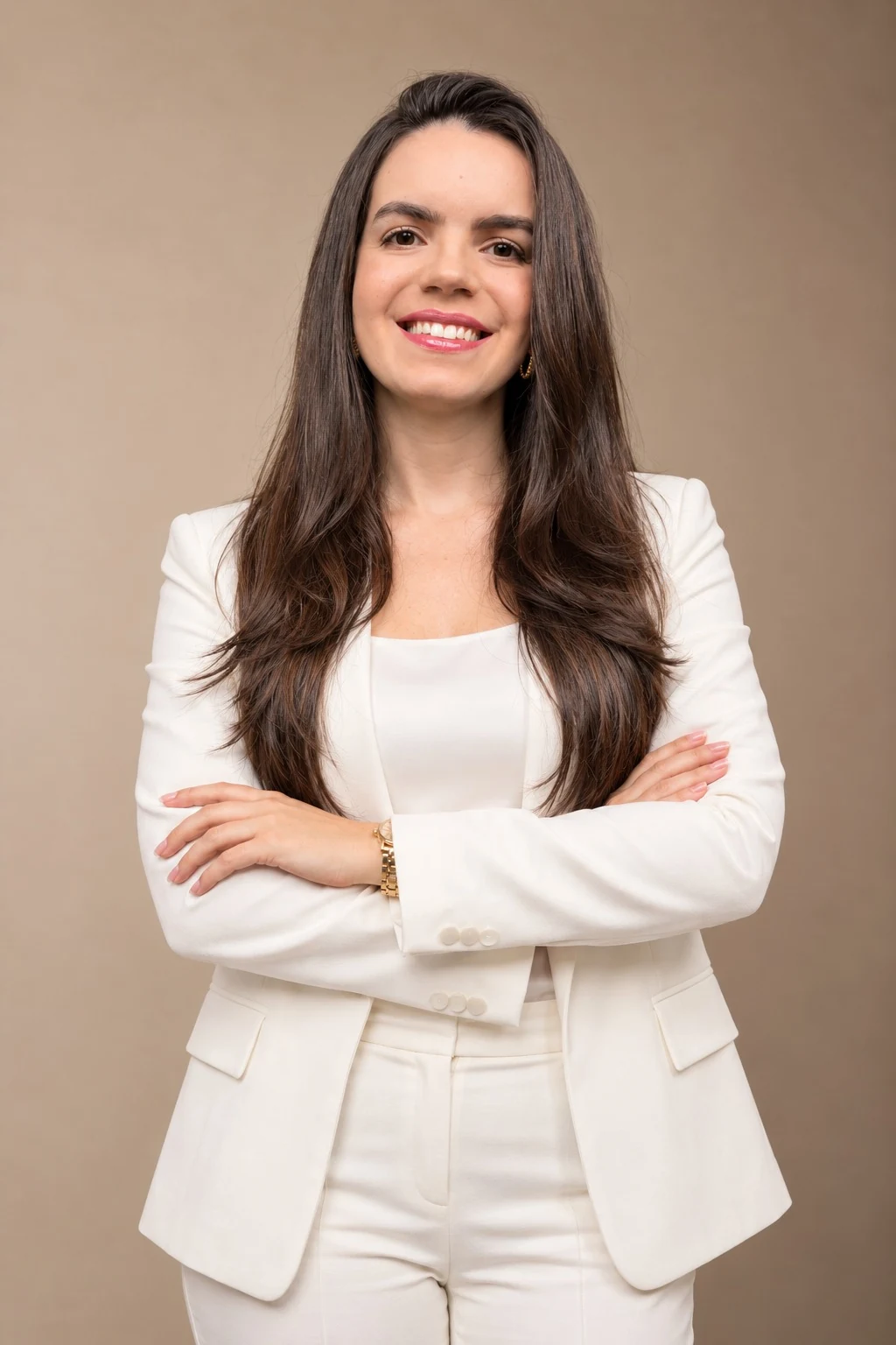 Marcela Kamiroski em retrato profissional com blazer branco
